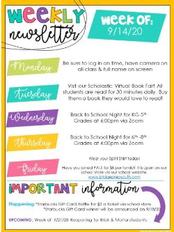 Weekly Reminders 9/14/20-9/18/20